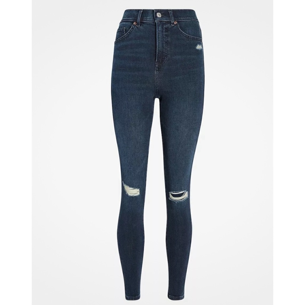 EXPRESS SUPER HIGH RISE DARK WASH RIPPED SUPERSOFT SKINNY JEANS - Picture 4 of 6